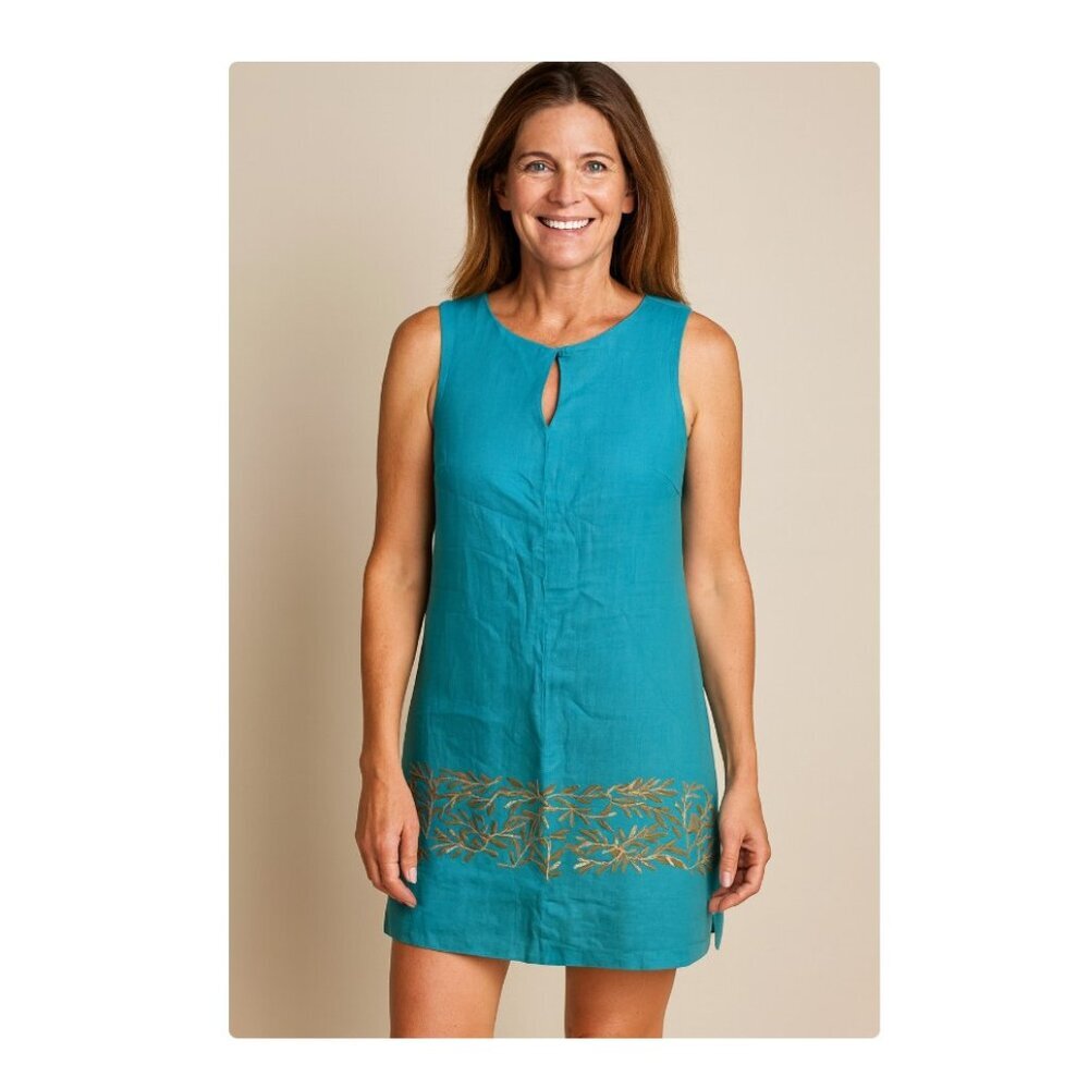 Barbara Gerwit Shift Dress Womens Small Turquoise Embroidered Hem Sleeveless